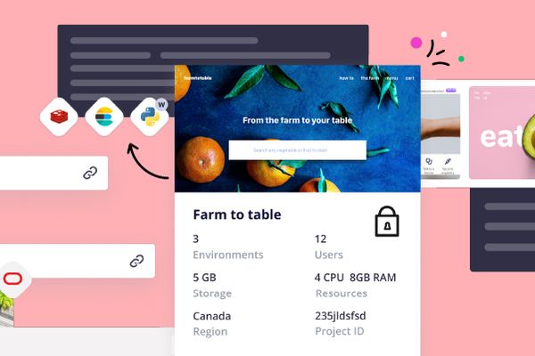 Platform.sh marketing illustration, a collage of stylized website elements interspersed with branch and deployment references